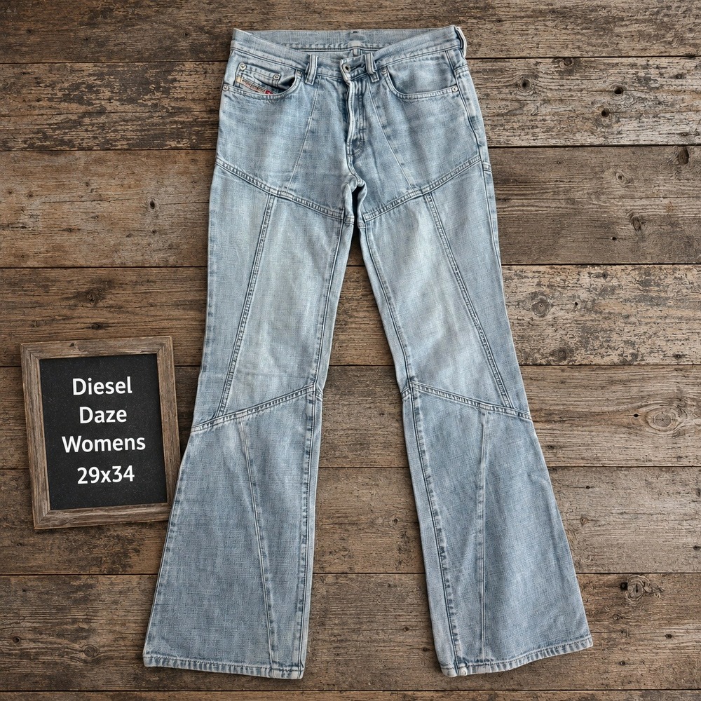 Diesel Daze Womens 29x34 Light Wash Paneled Flare Jeans Made in Italy Y2K Moto